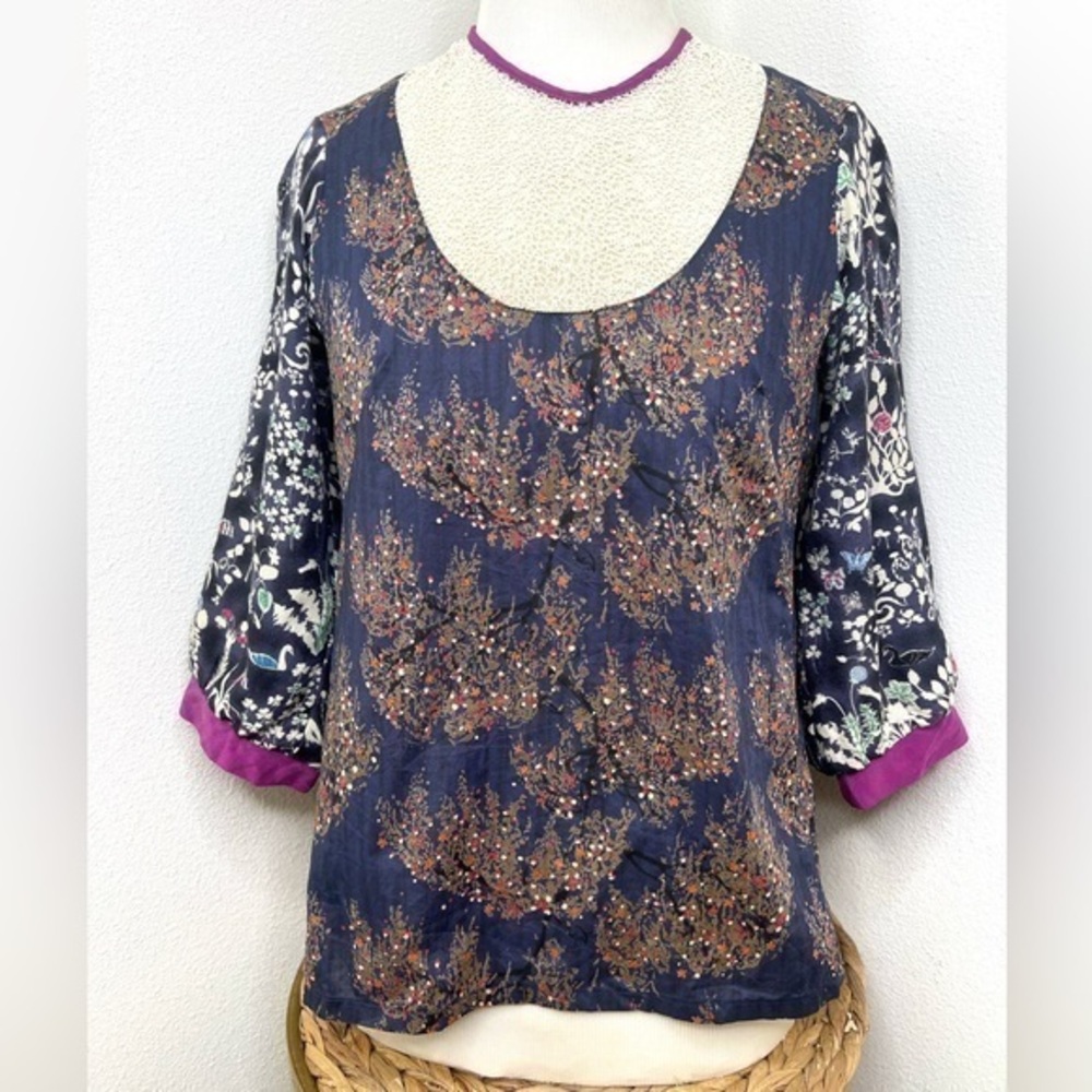 collection66 Top Navy Balloon Sleeve Blouse floral forest print crochet bib